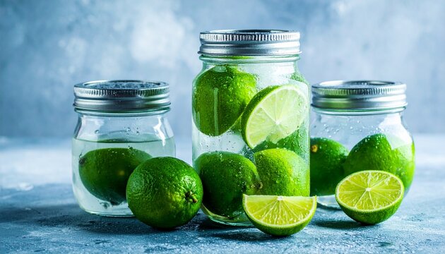 A culinary lifestyle digital illustration of three glass jars filled with fresh green limes submerged in liquid, possibly water or brine. The jars are sealed with metal lids, with condensation and dro
