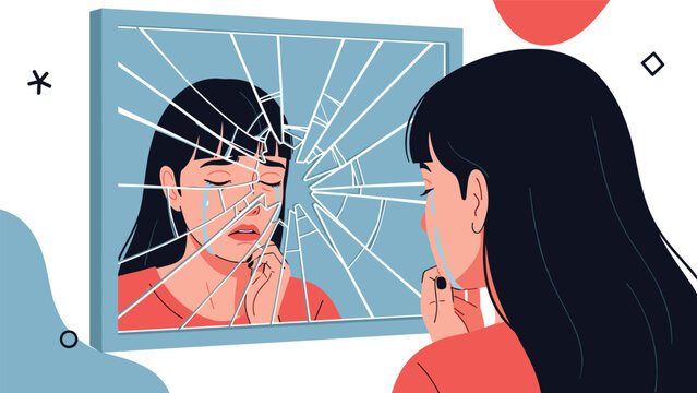 Sad young woman crying while looking at her reflection in a shattered and broken mirror symbolizing low self-esteem and emotional trauma.