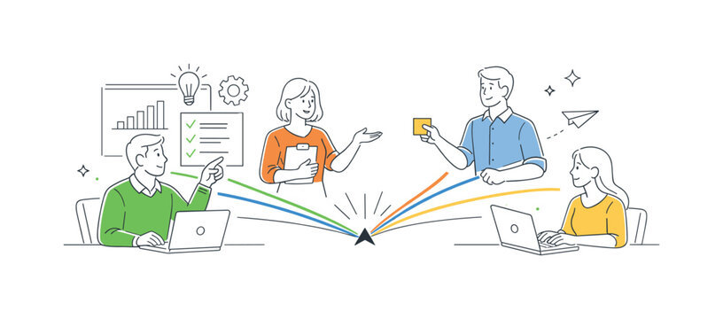 A clear process convergence scenario where a team brings multiple parallel tasks together into a single unified outcome during a planning session, centered around a
