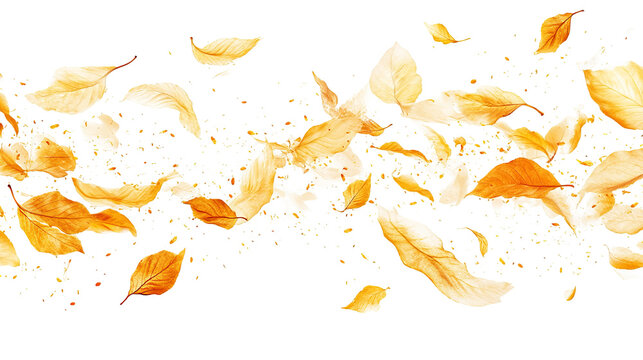 Floating golden leaves, with small specs of light, against a stark black backdrop