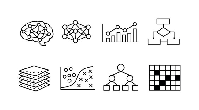 Machine learning concepts: brain network, neural nodes, data chart, algorithm flowchart, training dataset, prediction graph, decision tree, pattern recognition grid.
