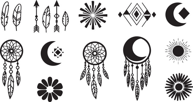 Dreamcatcher icons, bohemian symbols, moon phases, feathers, black vector graphics
