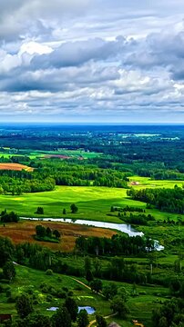 Timelapse of lush green fields under dramatic cloudy sky evoking tranquility