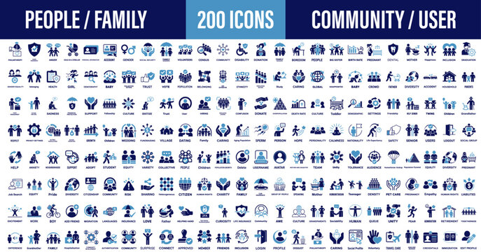 Huge collection and concept of people, family, community, population, group and user. Large set of 200 solid icons. Vector illustration
