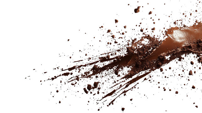 Fluid brown splash with small particulate matter against a stark black background