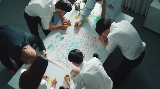 Top view of professional business team working together to brainstorm environmental idea by using mind map. Aerial view of smart manager talking and discussing about sustainable energy. Alimentation.