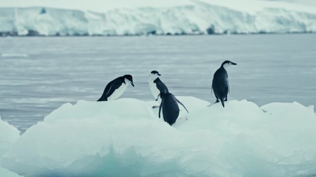 Four Chinstrap penguins interacting and squabbling on small floating ice floe in Antarctic ocean with snowy glacier coastline behind