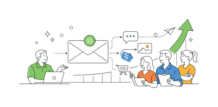 A digital marketing scenario where businesses communicate with audiences through targeted email campaigns to promote products and services, illustrated through a clean