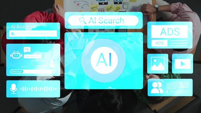 Digital workspace with AI assistant interface showcasing search features and advertisements for modern technology and innovative communication solutions Gluon.