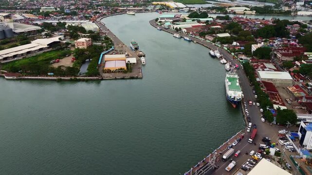 aerial view of the Iloilo River Esplanade and its unique landscape design. A major urban attraction and social hub in Iloilo City, Panay Island, Philippines