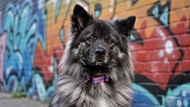 Portrait of a Keeshond dog with a black muzzle and striking dark orange eyes, wearing a colorful striped collar, standing outdoors in front of a vibrant graffiti-covered brick wall.