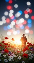 Memorial Day Remembrance - Soldier in Poppy Field with American Flags.