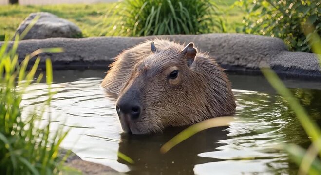 capybara in sunny park pond, calm wildlife by water