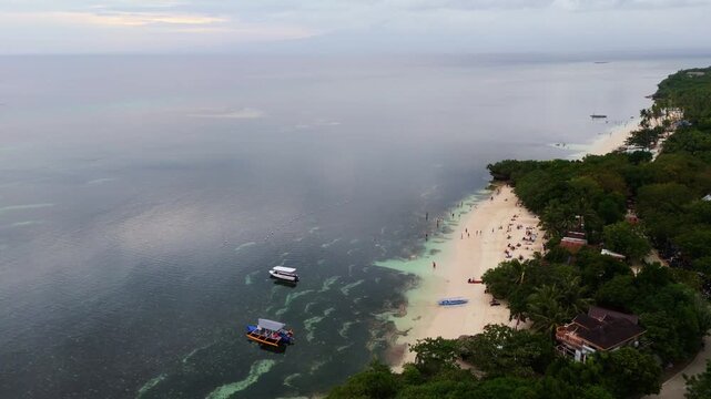 Aerial fly Paliton Beach White Sand Tropical Coastline Siquijor Island Philippines