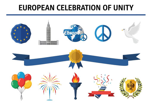European Unity Celebration Elements Flags, Symbols, and Festive Graphics