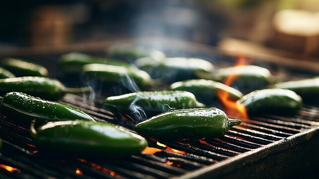 Green jalapeno peppers being grilled over an open flame on a barbecue
