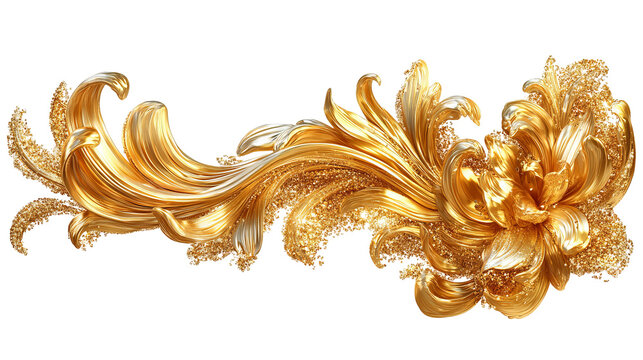 Ornate golden floral design with scrolling leaves, flower, and glitter details