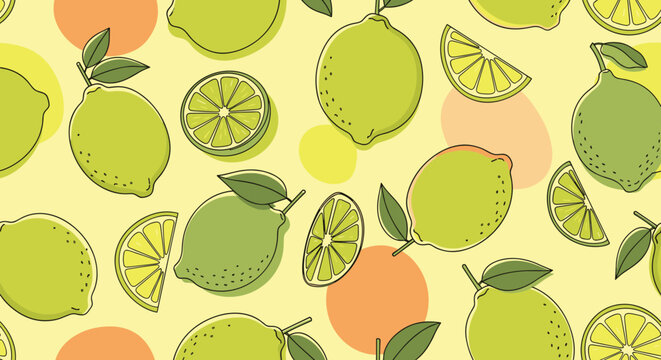 Seamless pattern of fresh green lemon fruit and sliced citrus wedges design for vibrant food and kitchen backgrounds.