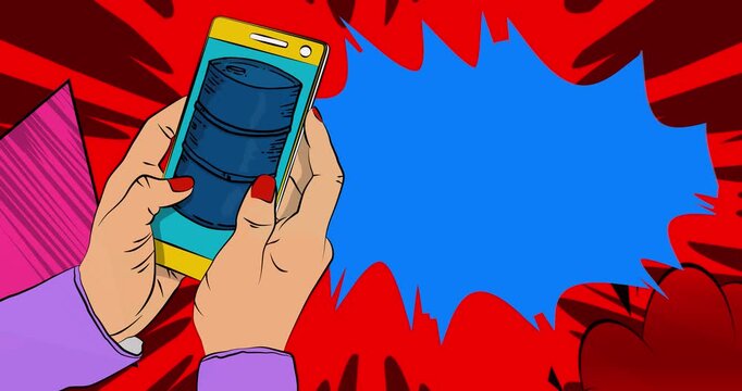 Cartoon Smartphone, comic book Telephone with Oil Barrel. Retro animation, comics pop art video.