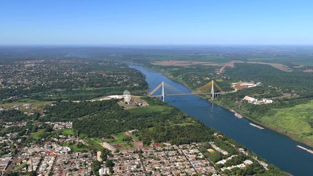 Aerial drone view of Parana and Iguazu rivers confluence at Triple Frontier, Brazil Argentina Paraguay.