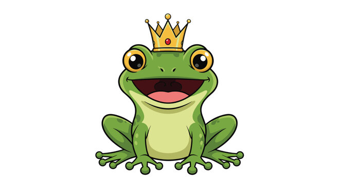 A cheerful green frog wearing a golden crown symbolizes royalty and fantasy in nature illustration.