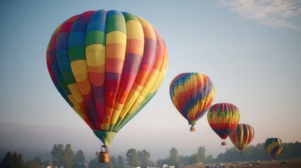 Obraz premium A fleet of brightly colored hot air balloons ascending into a clear, hazy sky over a distant tree line, creating a breathtaking spectacle of flight and adventure.