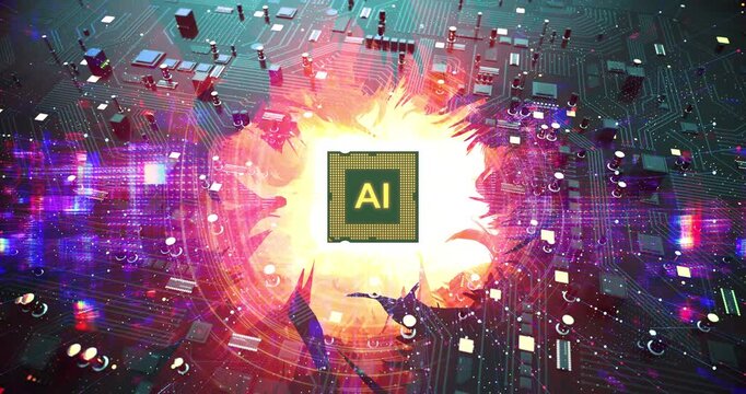 Artificial intelligence chip glowing with fire on a computer board. AI Technology Related 3D Computer Animation.