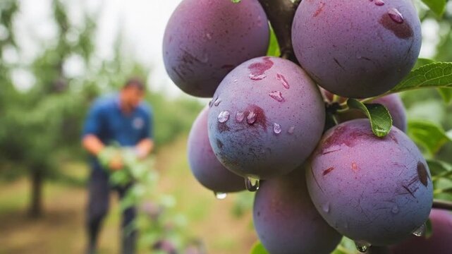 Fresh plums with water drops on tree branch