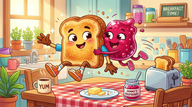 Cute Cartoon Toast and Raspberry Jam Characters Hugging in a Sunlit Kitchen
