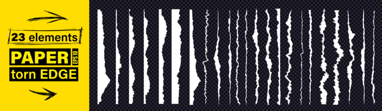 Clean white recycled sheet with jagged torn paper rip edge effect. Vector illustration set of page piece blank card tag label banner divider claw cut line. Cardboard tear edge clipart bundle kit.