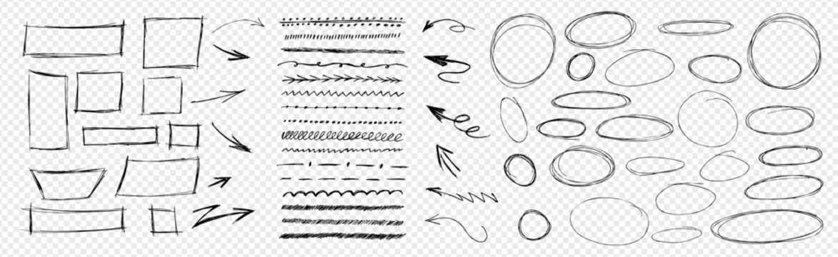 Black pen strokes circle underline shapes. Hand drawn doodle arrow elements. Vector kit highlight text scribble on like transparent png bg. Encircle text notes rough strike through lines arrow accents