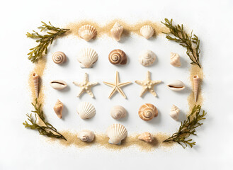 Obraz premium A charming flat lay arrangement of various seashells and starfish, artfully bordered by sand and delicate seaweed, evoking a sense of seaside serenity and natural beauty