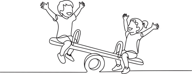 Fototapeta premium Children so happy playing seesaw. Kids playground equipment concept.one line drawing vector illustration