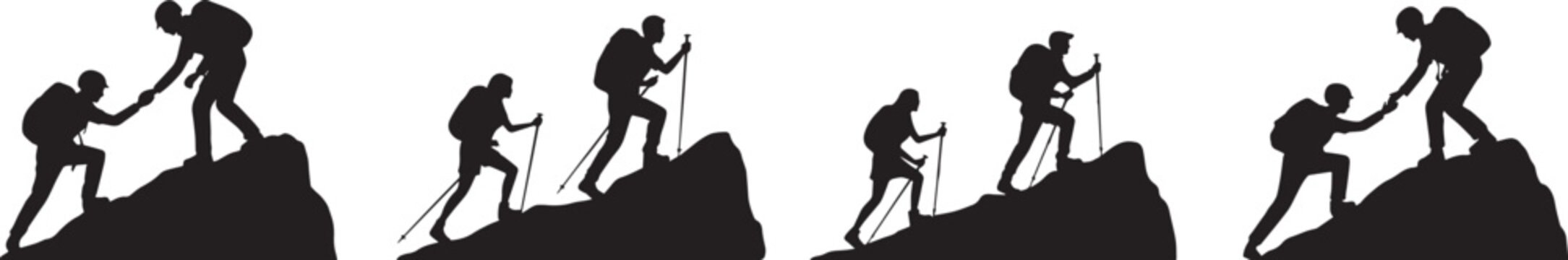 Collection of black hiker silhouettes climbing rocky terrain and assisting partners on steep slopes for travel concepts.