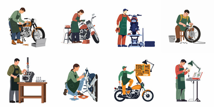 Set of male and female mechanics repairing and maintaining motorcycles and engines in a workshop, featuring various tools and maintenance tasks.