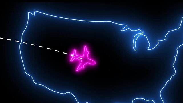 A neon airplane flies along a dotted route from the glowing outline of the United Kingdom toward the United States. The vibrant blue and pink lights create a futuristic travel and global connection co