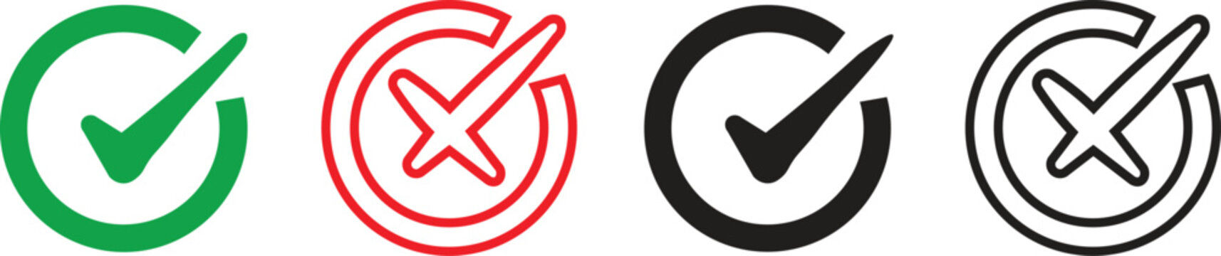 Minimalist check mark icons set, green and red tick symbols in circles, black and white validation vector elements for UI design and surveys