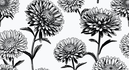 Naklejka premium Detailed black and white vintage floral pattern featuring chrysanthemum and daisy elements perfect for elegant textile or wallpaper design.