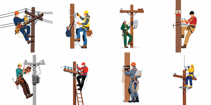 Collection of illustrations showing electrical line workers maintaining and repairing power lines on utility poles using various tools and safety equipment.
