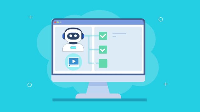 Animated AI dashboard with media player icon, checklist, and system panel, showing content automation, workflow management, and digital task monitoring.