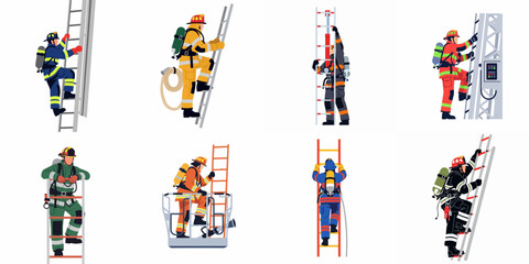 Collection of diverse firefighters in full protective gear climbing ladders and working on rescue platforms, set against a white background. © Mairiko