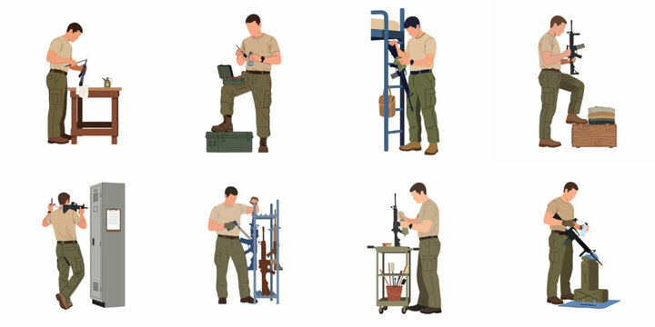Flat vector illustration set showing a male soldier in uniform cleaning, inspecting, and maintaining an assault rifle in various military-themed settings.