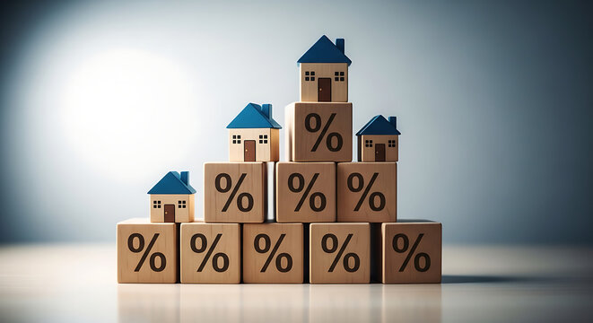Rising mortgage interest rates and increasing housing market trends shown with house models on percentage blocks, symbolizing economic shifts and investment