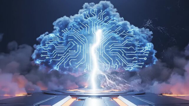 Cloud with circuit brain and lightning for corporate presentations, business marketing, and commercial use