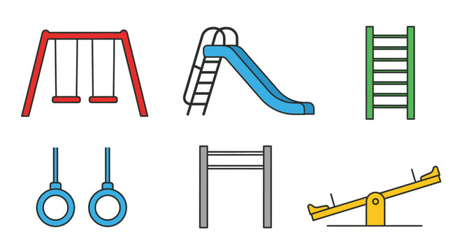 A colorful illustration depicts various playground equipment including swings a slide monkey bars and a seesaw silhouette high quality professional detailed modern elegant stylish