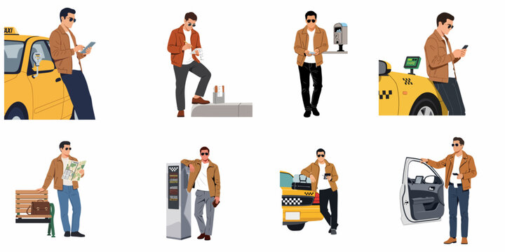 Set of flat vector illustrations depicting a stylish man using taxi services, mobile apps, and navigating city transportation in various urban scenarios.