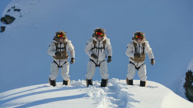 Group of funny monkeys wearing winter gear dancing on snowy mountain top