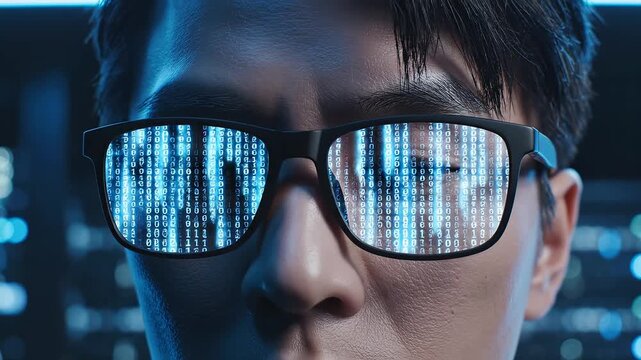 Closeup of a person wearing glasses with binary code reflection for commercial backgrounds, digital design, and advertising