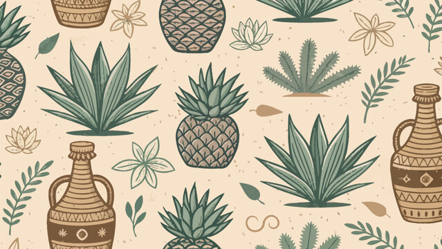 Rustic hand drawn mezcal craft label pattern with agave plants pineapples and bottles on beige background