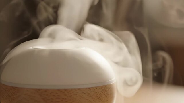 Seasonal self care with warm steam from essential oil diffuser for wellness and relaxation
